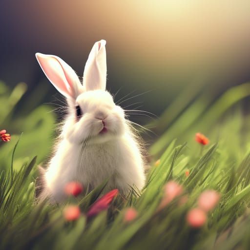Small bunny in soft grass with flowers  by @Red Butterfly Demon_Sapphire