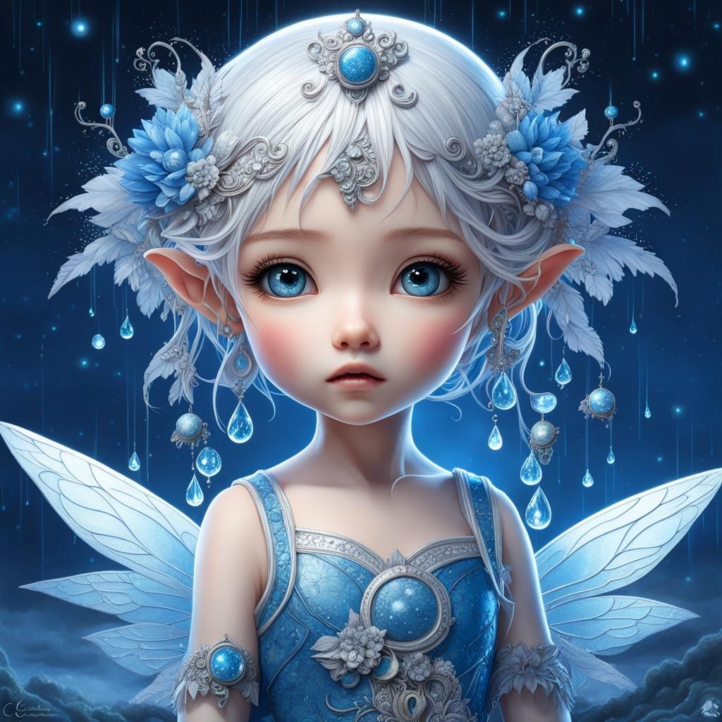 cute adorable chibified white and blue fairy facing the big moon, shiny ...