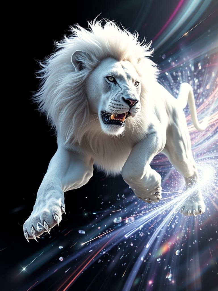 A white majestic male lion pouncing with white diamond claws  by @SpriteStone