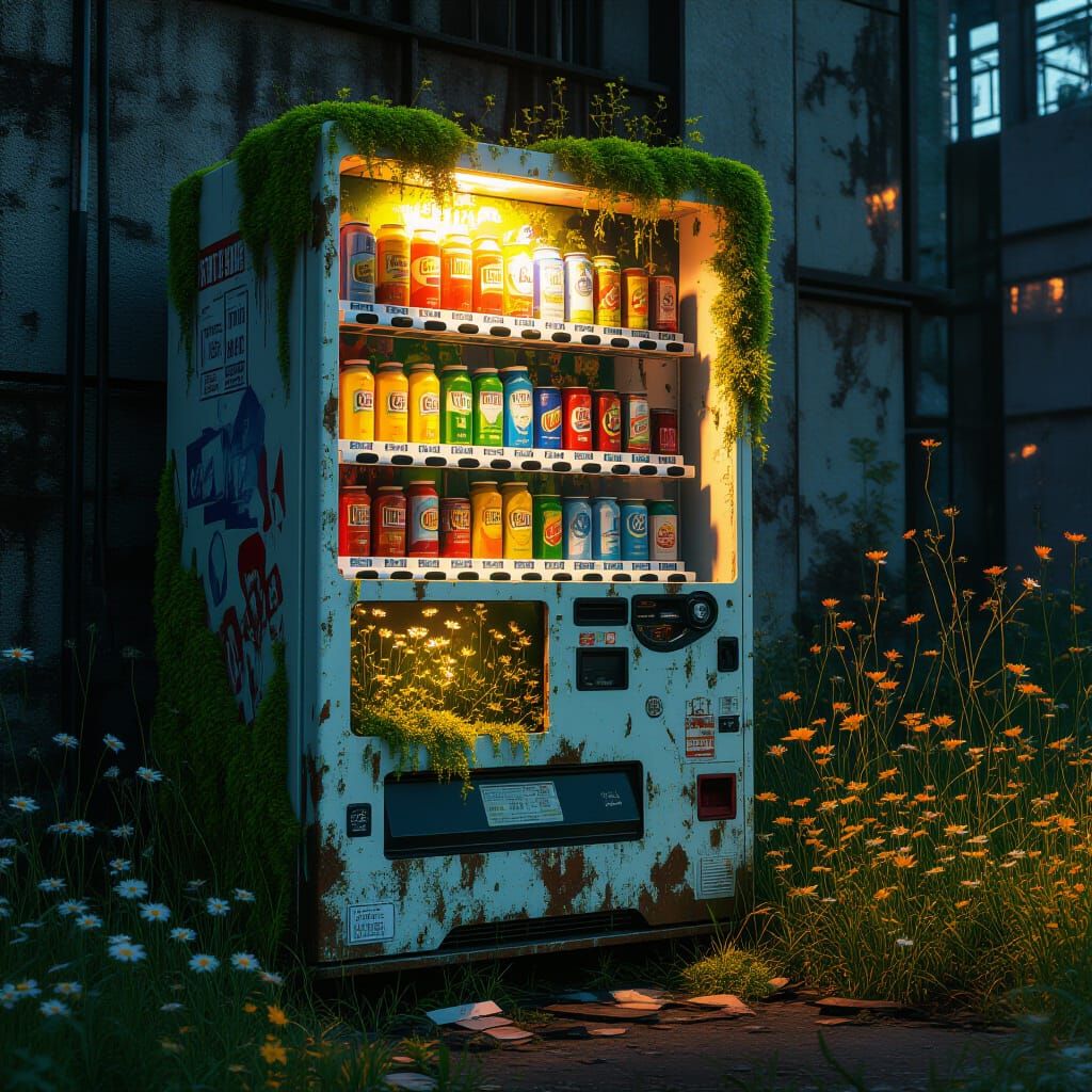 Bright green moss and wildflowers blooming inside an abandoned vending machine, rust and decay contrasting with vibrant nature, cinematic li...