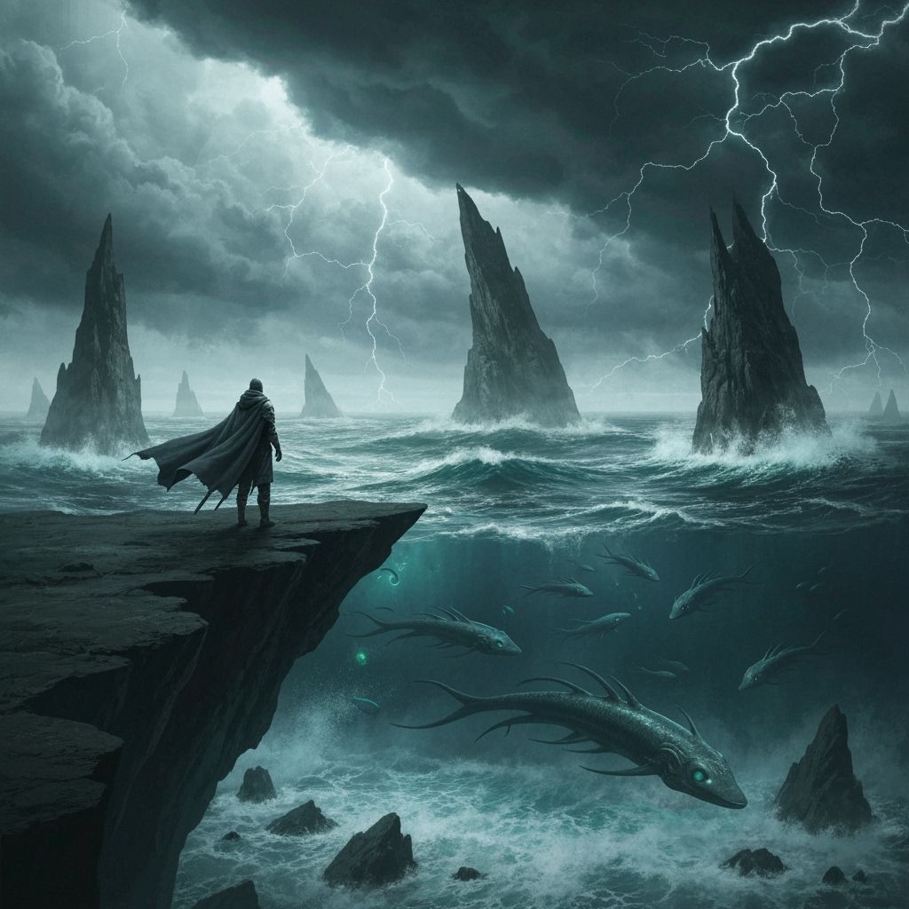 A lone figure in a flowing, dark cloak stands on a cliff overlooking a stormy, alien sea. Jagged rock formations pierce the turbulent water,...