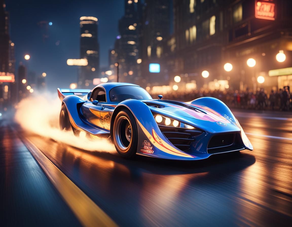 Drag Racing in a city by night ; an incredible car inspired by "Mario Kart" vehicules, driving at high ...  by @Didier B
