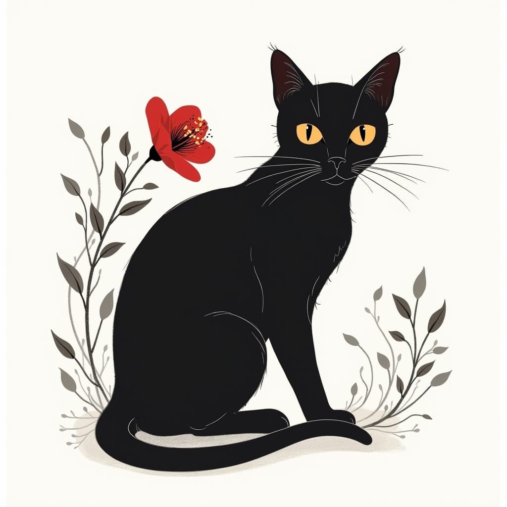 Elegant Black Cat with Expressive Eyes and a Delicate Red Fl...