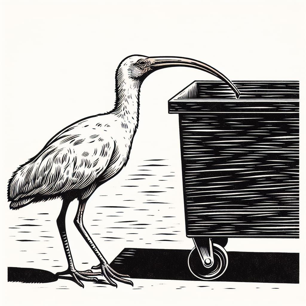 white ibis perched on the edge of a dumpster. woodcut, linoc...
