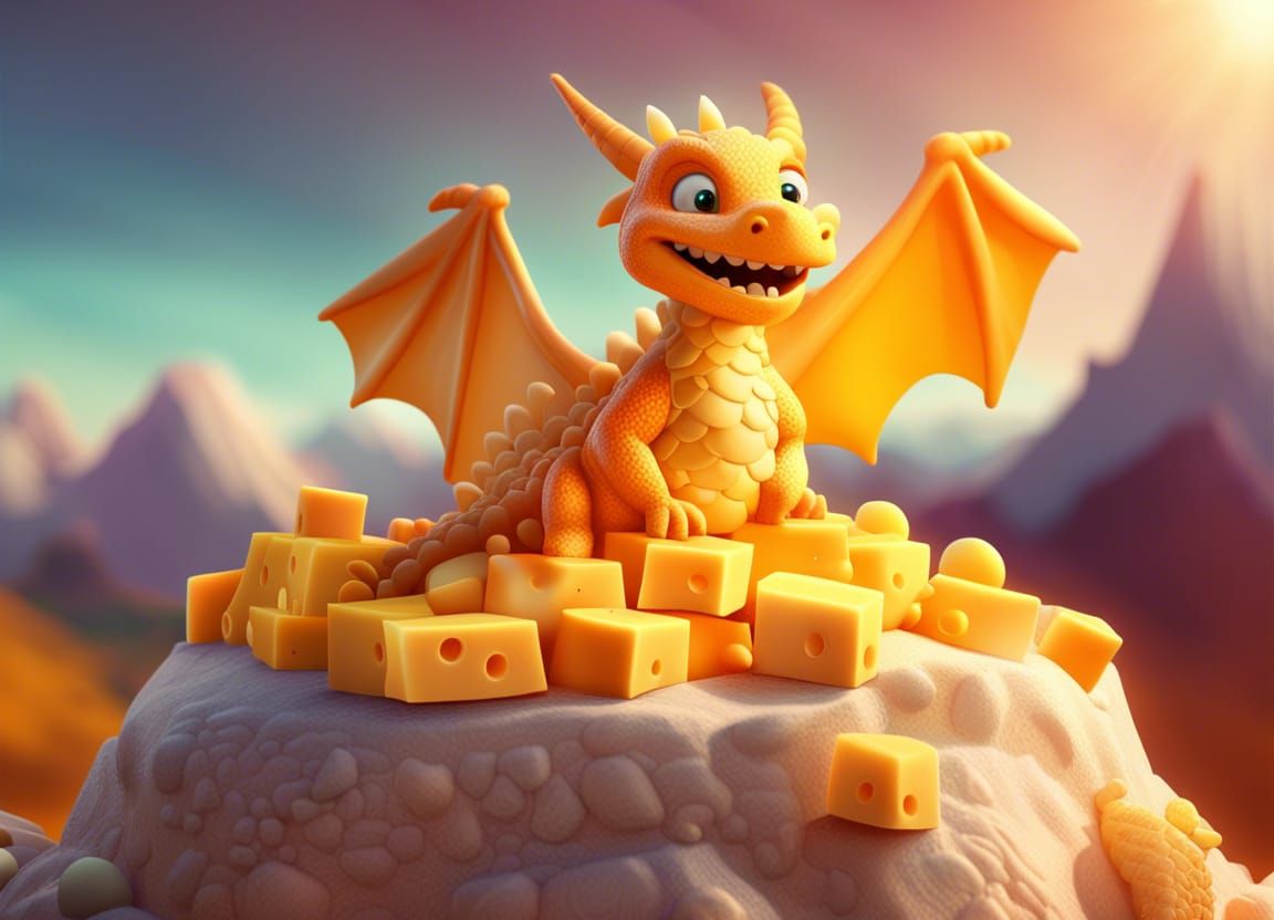 a tiny dragon made of cheese, lying on a mountain made of cheese, in the sun made of cheese, Pixar, Disney, ...  by @Chloe