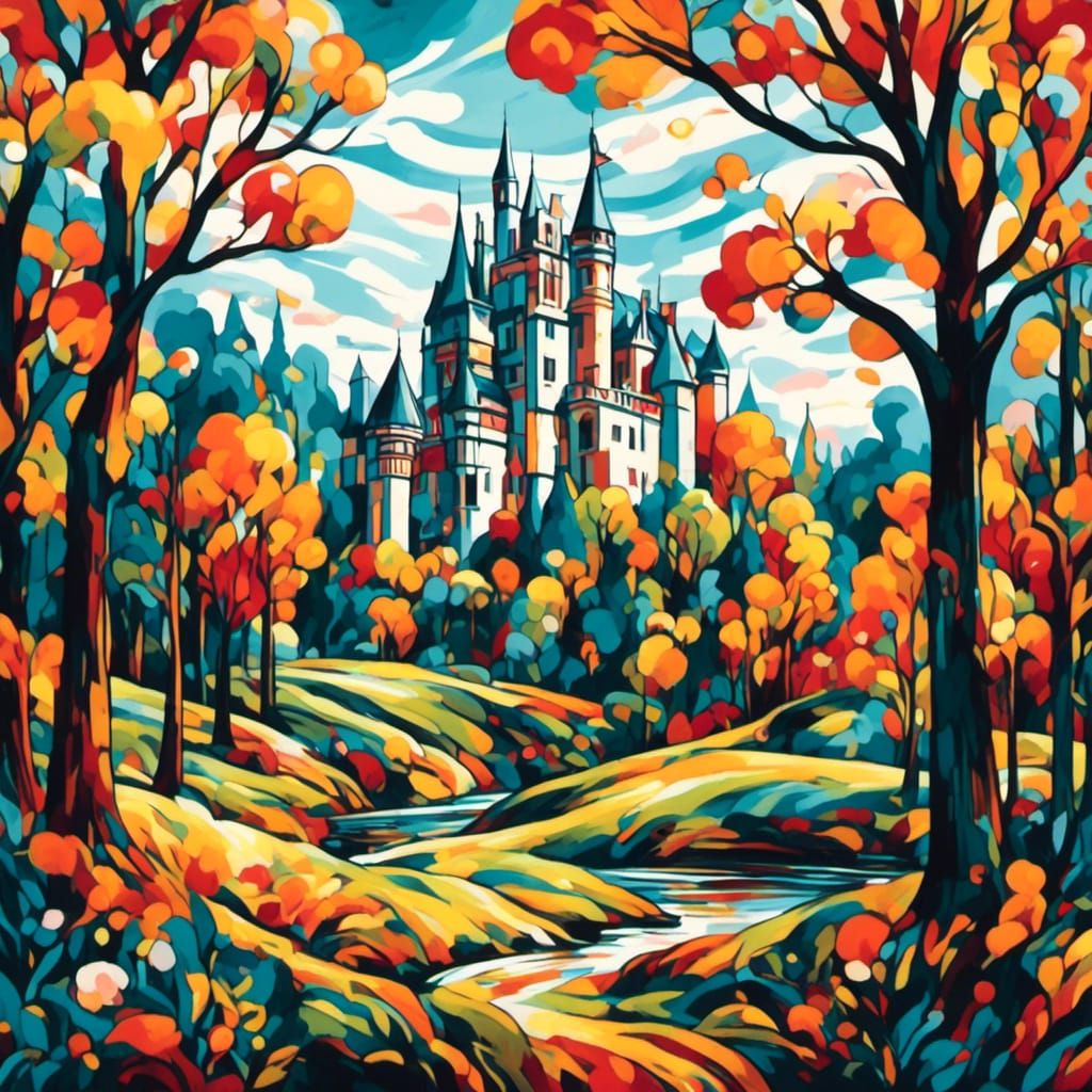 <lora:DadaismBoldColorXL:1.0> Castle in the forest