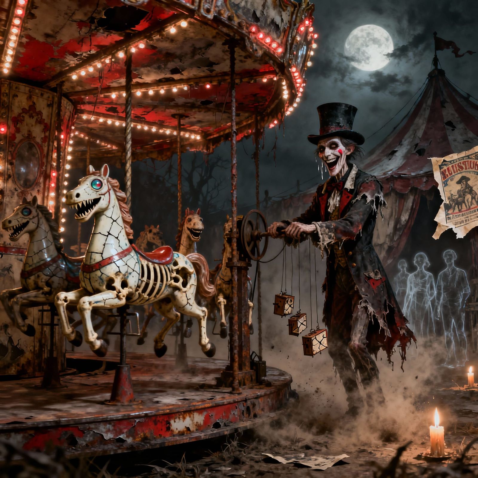 A dark, decaying circus tent looms under a moonlit sky, the only light coming from a rusted, flickering ...  by @Rye_Toast