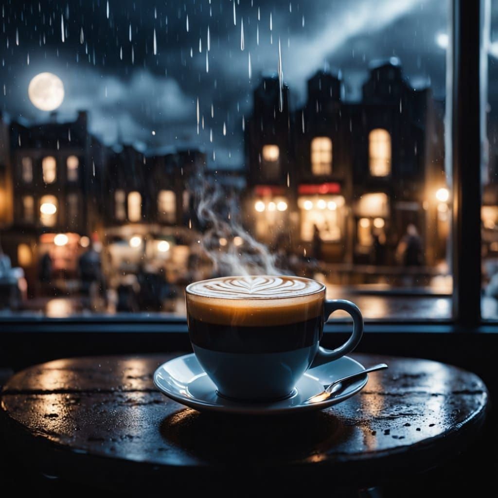 Miniature City Inside Coffee Cup at Night