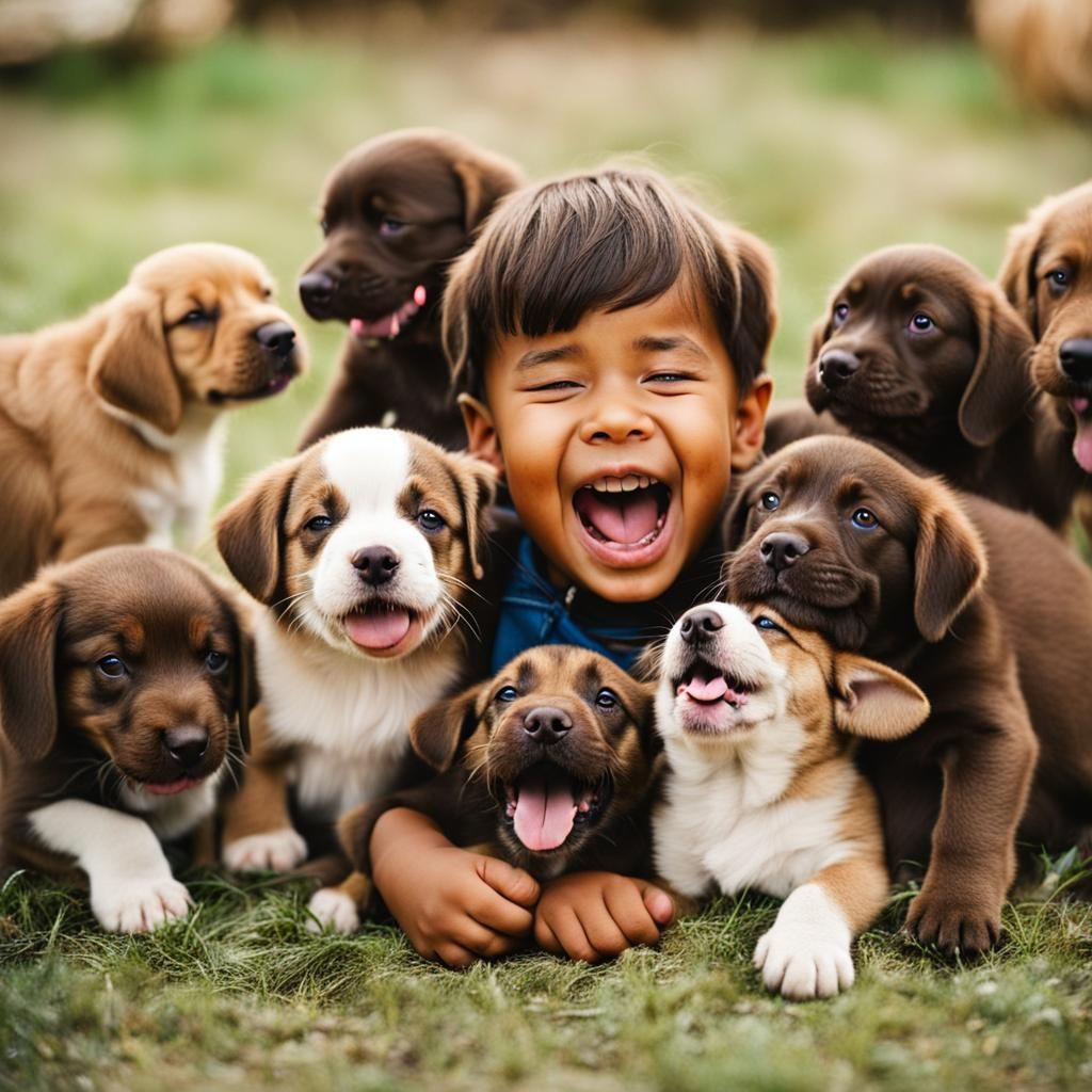 small brown child surrounded puppies licking face laughting
