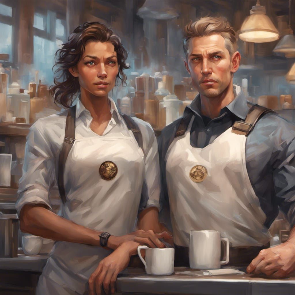 Barista and Security Guard Portrait in Art Nouveau Style
