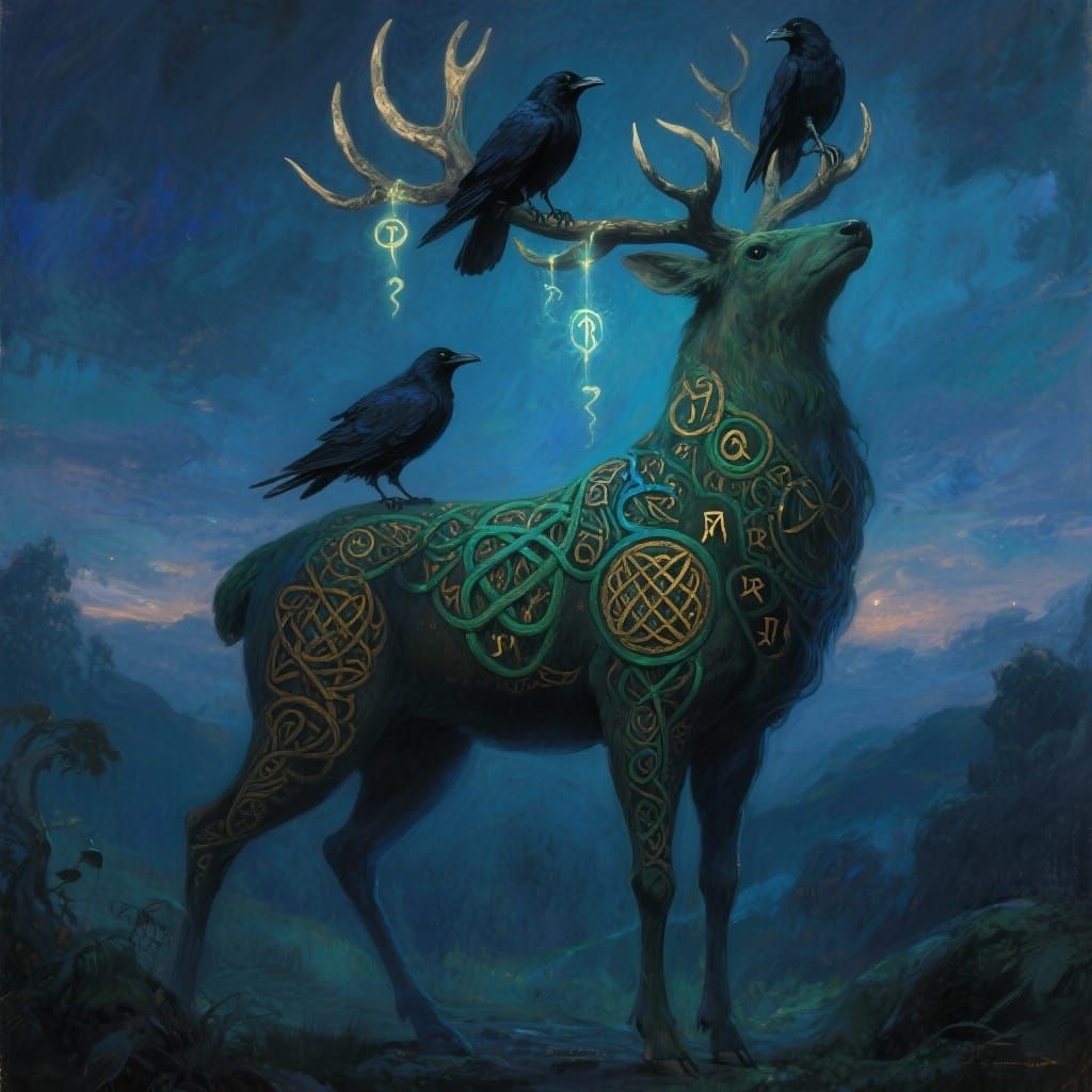 A great mystical mythological stag with ravens perched on its antlers, whispering messages of prophecy. The deer is calm and regal, its body...