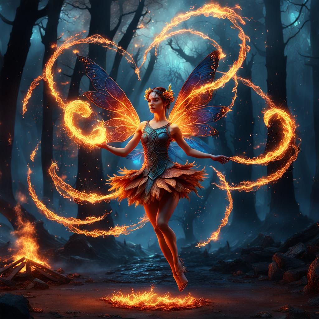 A fairy made of fire dancing with a fairy made of ash  by @James Silvers
