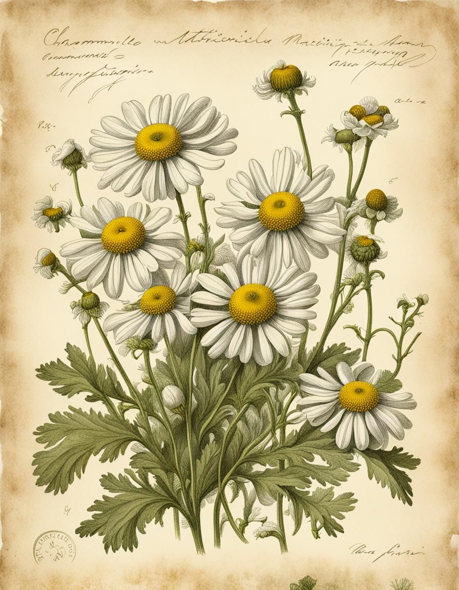 Chamomile matricaria botanical drawing, old paper