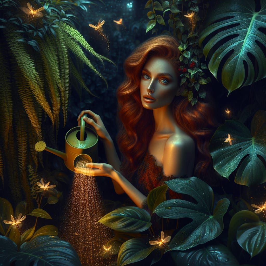 Woman Waters Jungle Garden at Nightfall: Digital Matte Paint...