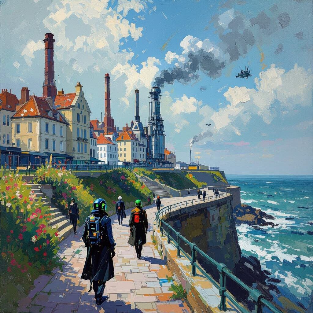  reinterpretation of Claude Monet's work, Cliff Walk at Pourville, with
  buildings, factories, people with high-tech clothes, etc, like cyb...