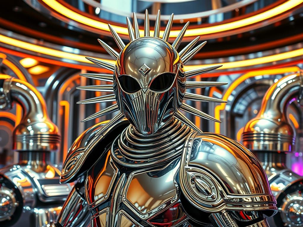 Glowing Chrome Warrior Posing in Futuristic Nightclub Dioram...