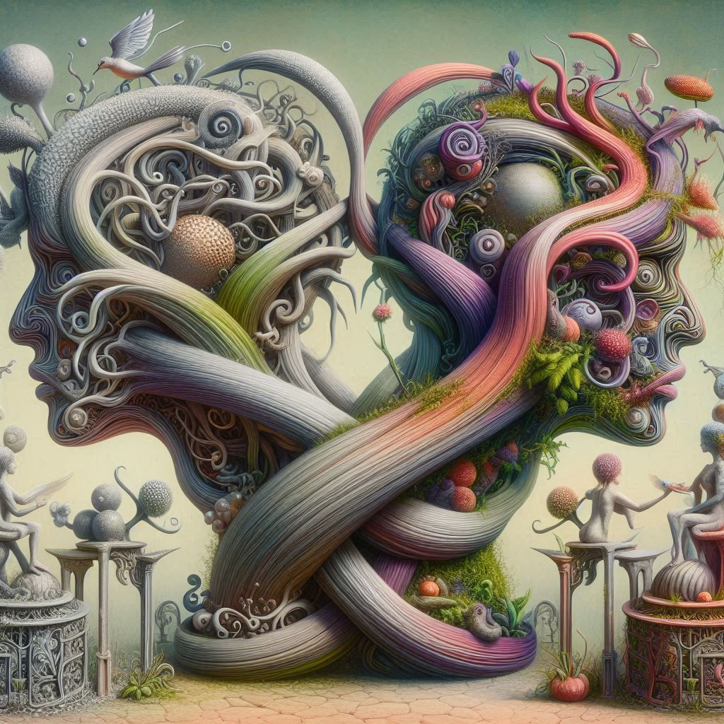 A surreal garden party with whimsical sculptures and strange creatures. The image depicts two intertwined figures reveal...