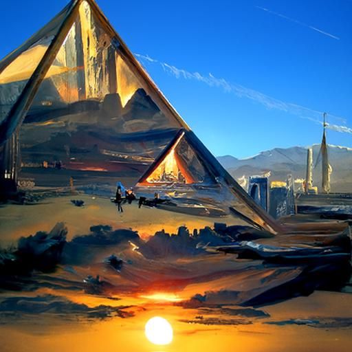 sun setting over city of glass pyramids