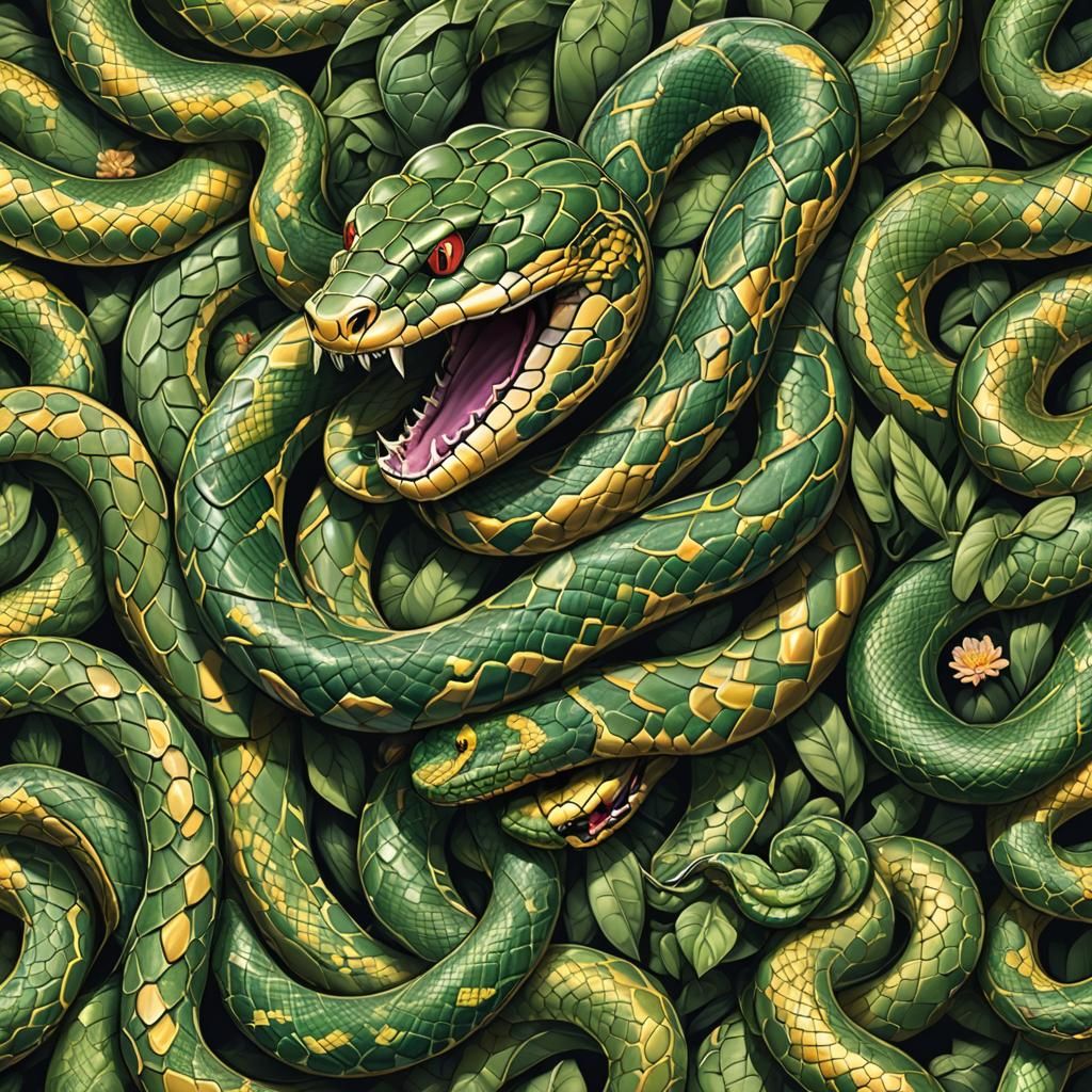 Realistic Portraits Of Snakes Coiled In Their Natural Habitat. A 