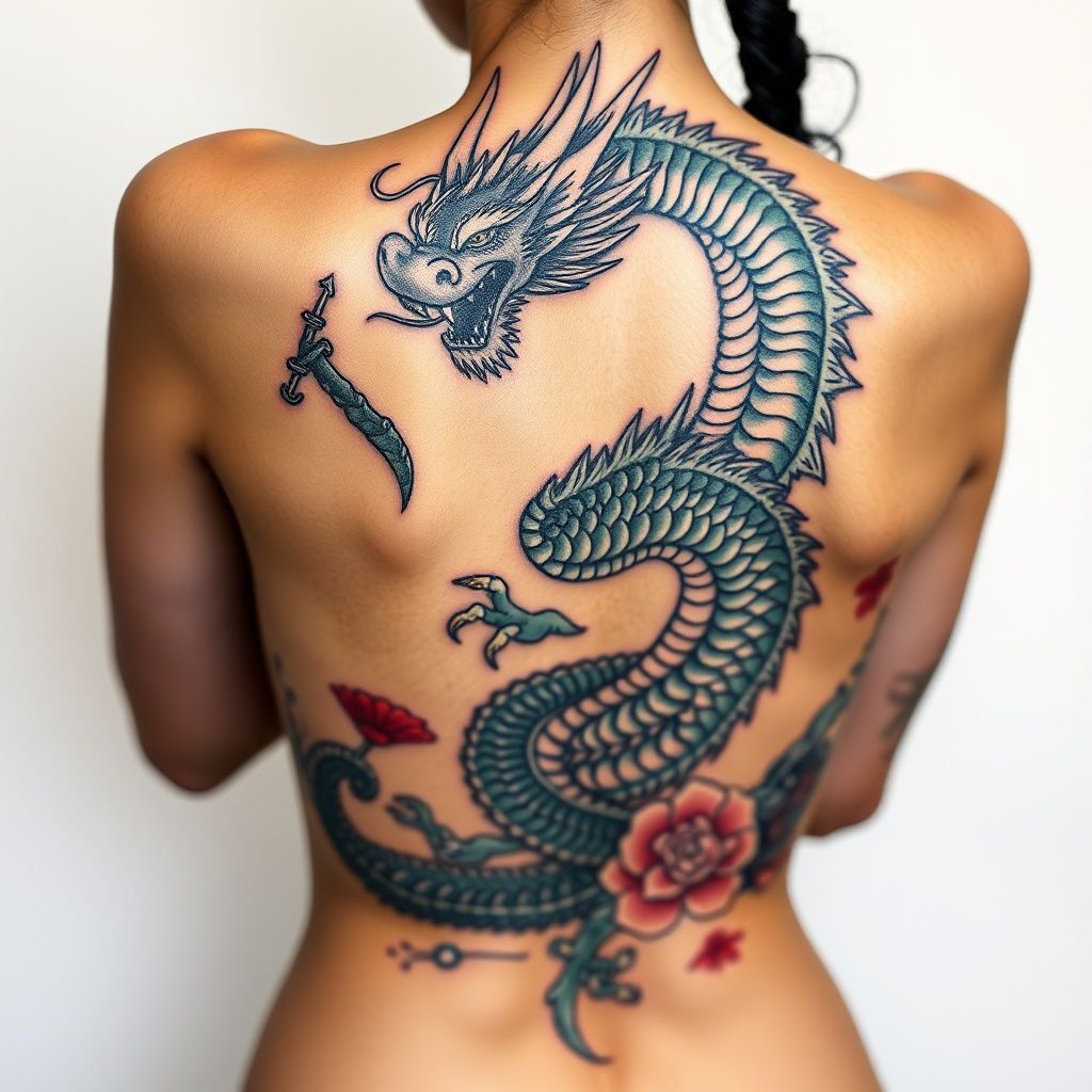 GEISHA BACK TATTOOED WITH A DRAGON.