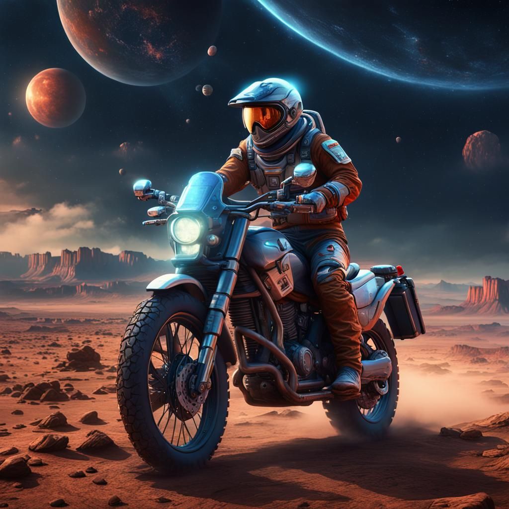 A LONE COWBOY ON M
ARS IN A COWBOY SPACESUIT ON A MOTERCYCLE...