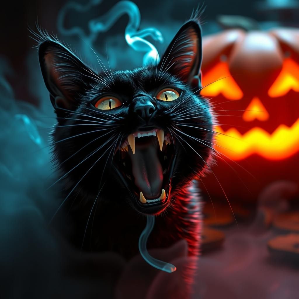 scary black cat with  at halloween
