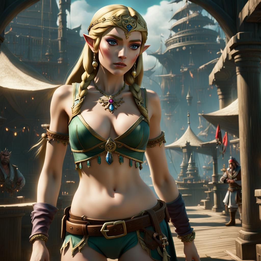Princess Zelda, wearing skimpy pirate attire, bare midriff