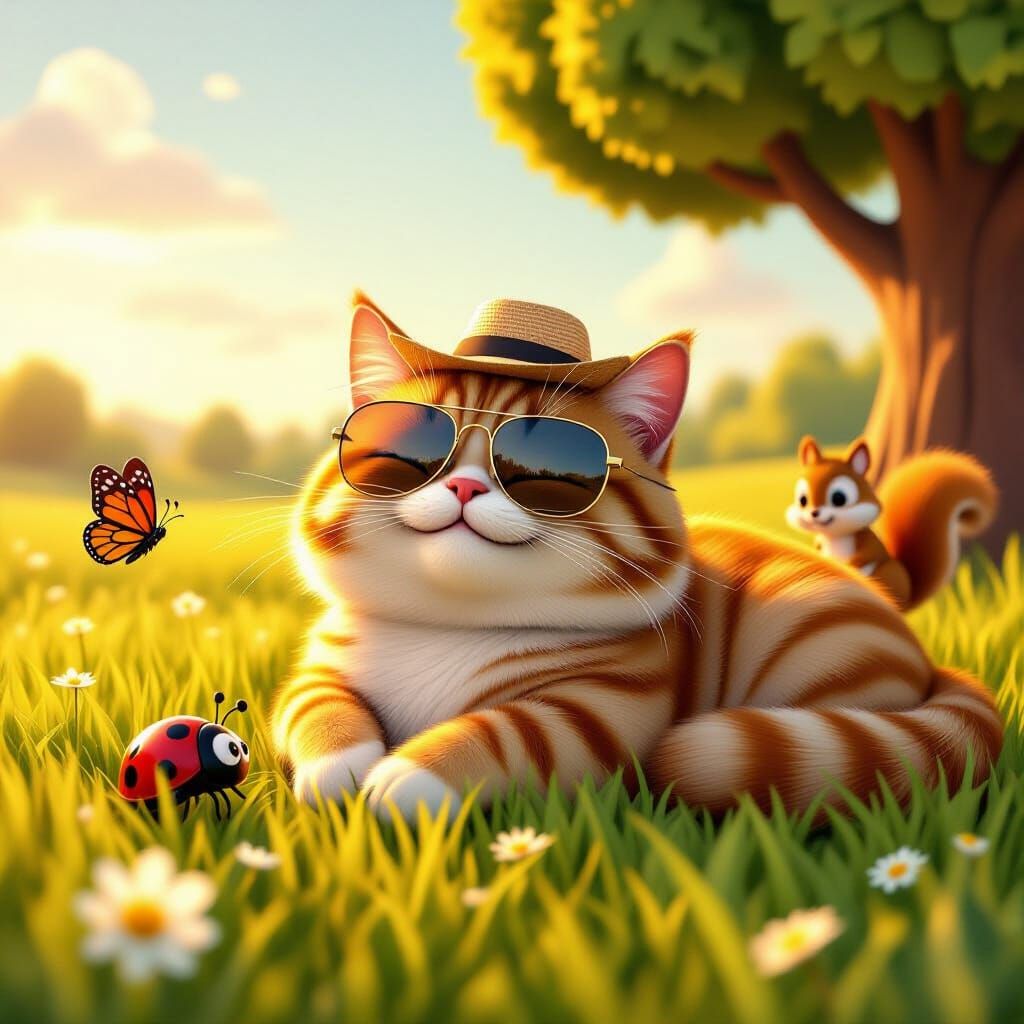 A chubby orange tabby cat wearing tiny sunglasses, snoozing lazily on a patch of lush grass. The cat is sprawled out on its back with paws i...