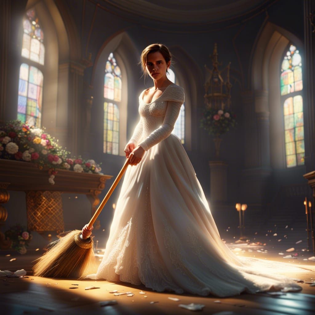 Emma Watson in her wedding dress is sweeping the floor with a broom 2 ...