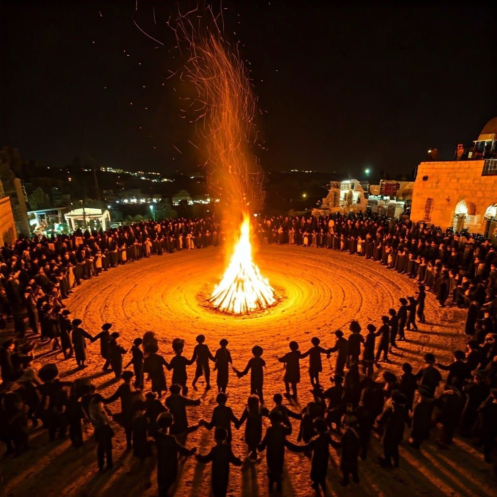 Orthodox Jewish Men Dance Around a Bonfire in a Vibrant Nigh...