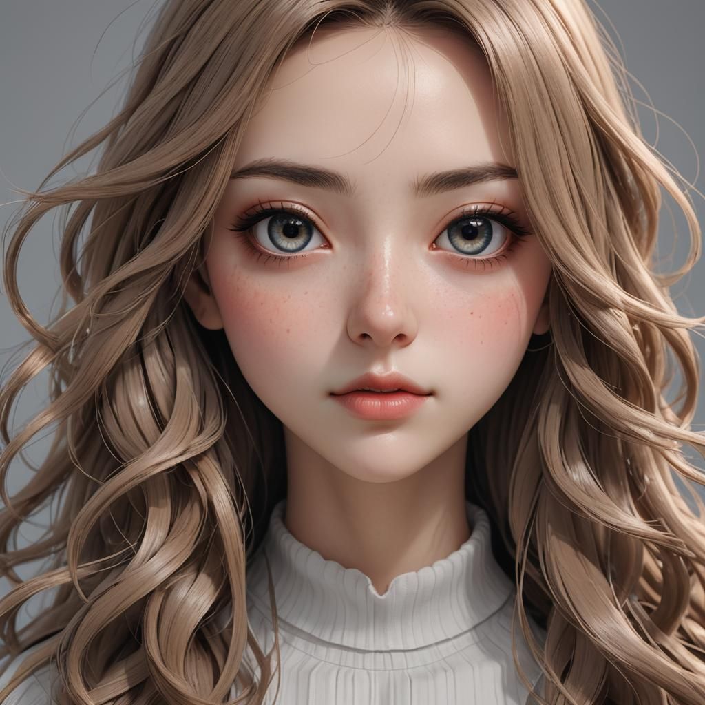 A girl with long hair big eyes and a moustache over her nose...