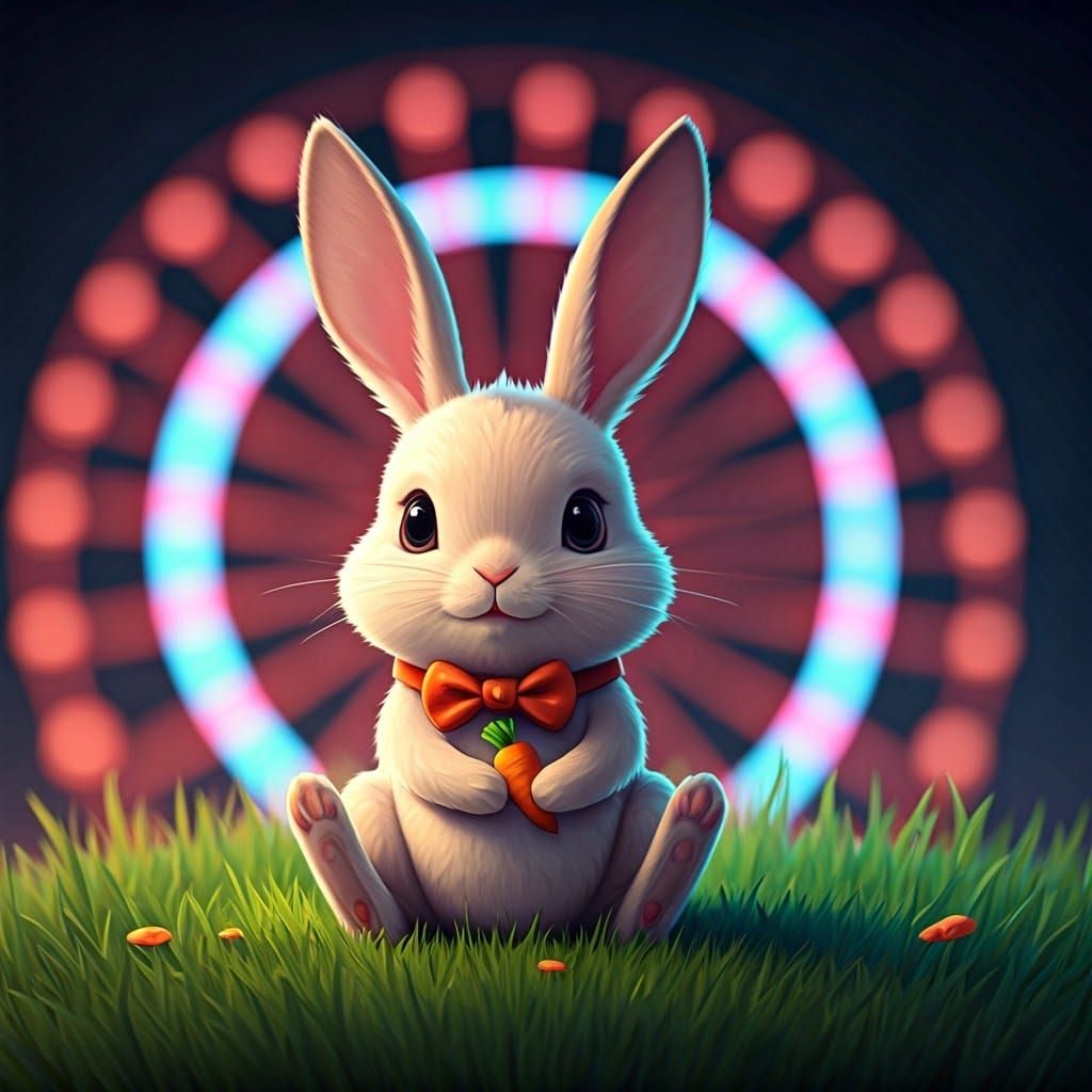 Adorable Anime Rabbit at a Neon Ferris Wheel