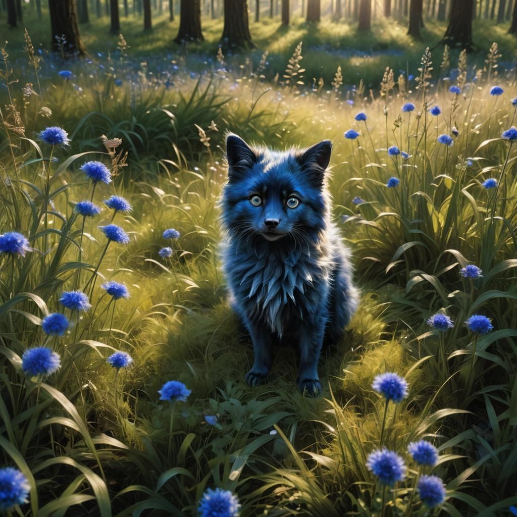 Metallic Blue Fluff in Sunny Forest Clearing