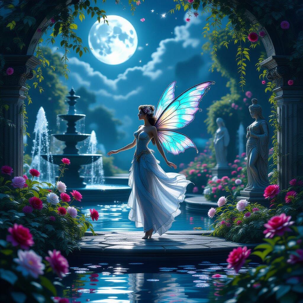 For Masterpiece Monday: Picture a serene, moonlit garden filled with exotic flowers, shimmering fountains, ...  by @Tony danis art