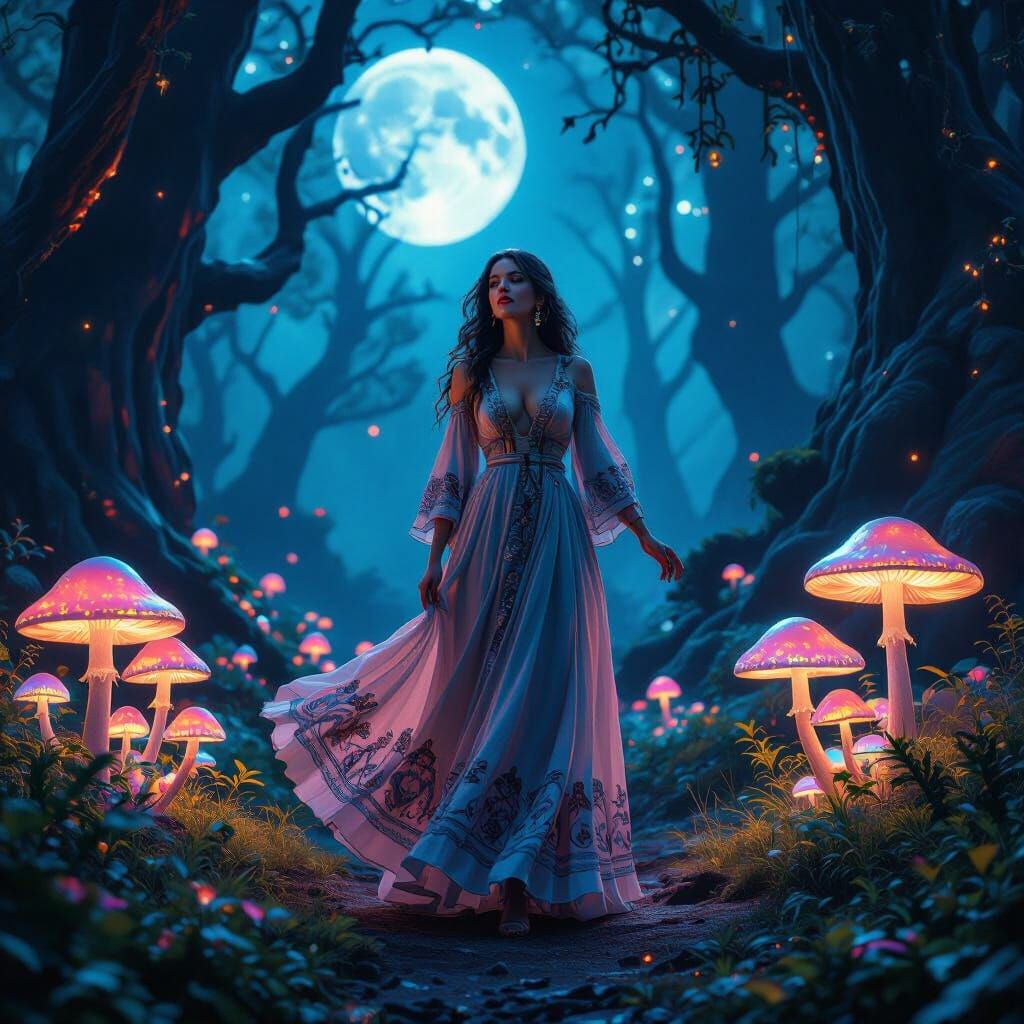 Mystical Singer in Moonlit Forest: Fantasy Concept Art