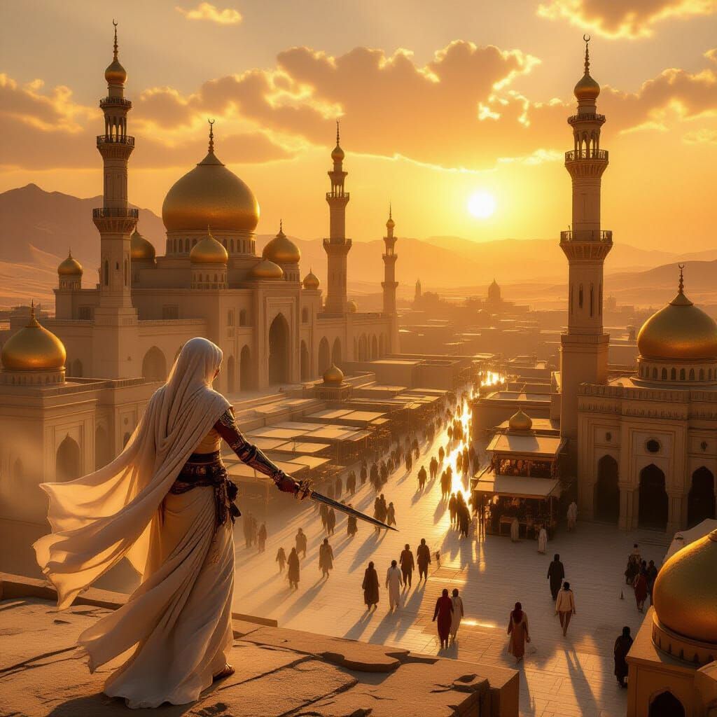 High atop golden domes in a sprawling desert metropolis, an assassin in flowing linen prepares to strike. 1