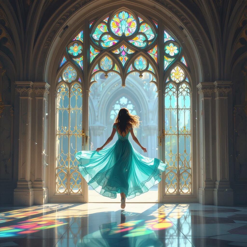 Gothic Window Reveals Future Hall with Girl in Turquoise Dre...