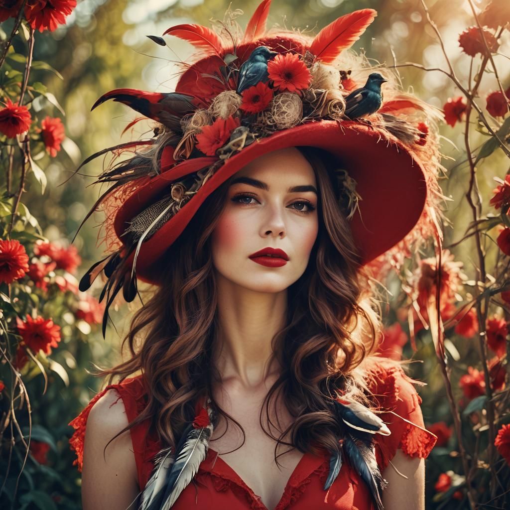 Close up of a woman who looks like Audrey Hepburn wearing a giant red hat adorned with feathers and bird nests 