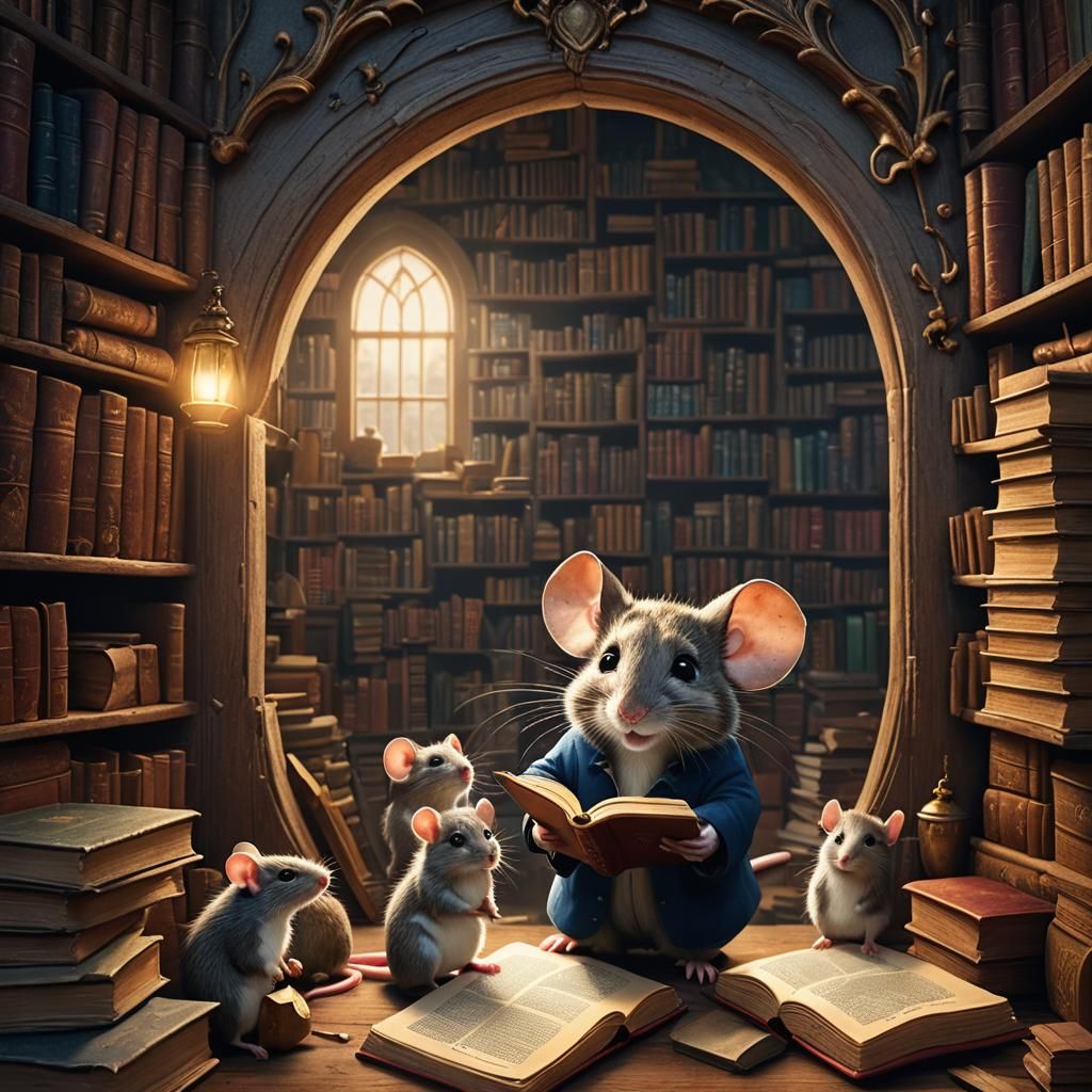 a mouse librarian checking books out to two mice children  by @CJVF