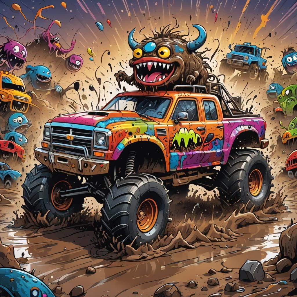 Multicolored monster truck, big laughing grill headlights ar...
