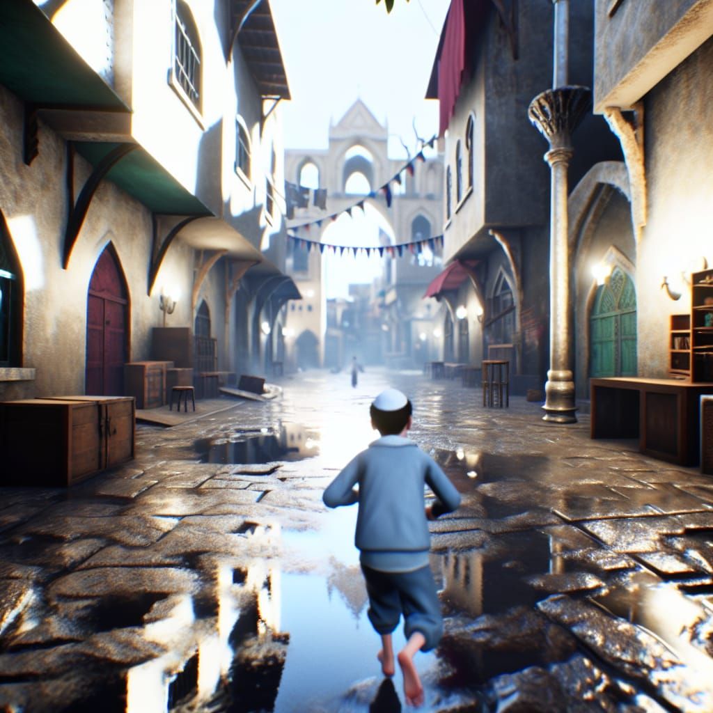 Jerusalem Boy in Rainy Street: 3D Game Scene