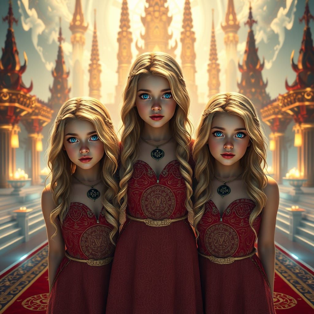 Three Blonde Women on Crimson Carpet in High-Fantasy Backdro...