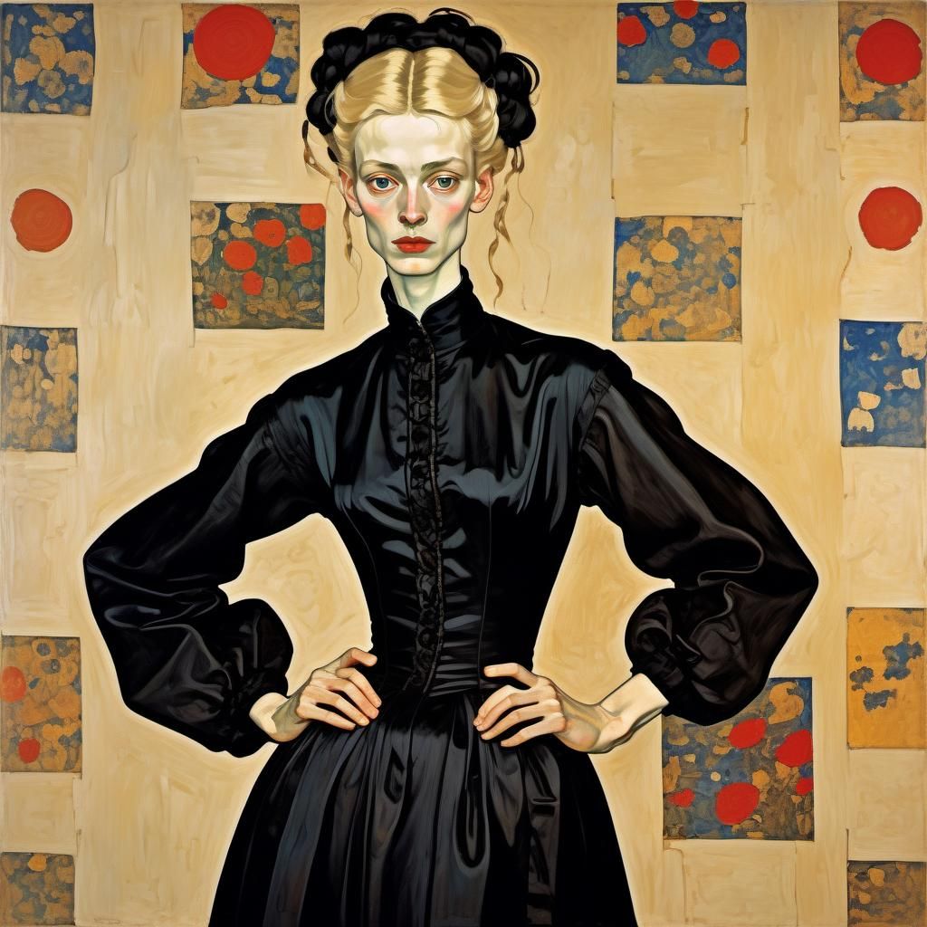 Beautiful tall and thin blonde Grushenka in black sumptuous gown of 1866 era. Egon Schiele. 