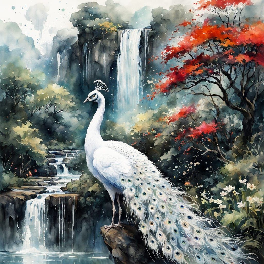 a beautiful sky, a magnificent white peacock, lush summerscape in the background, with beautiful rivers ...  by @Andy Does AI
