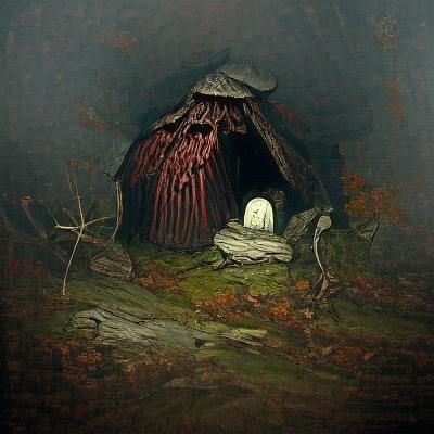 Eerie creepy witch hut in the dark woods mushroom