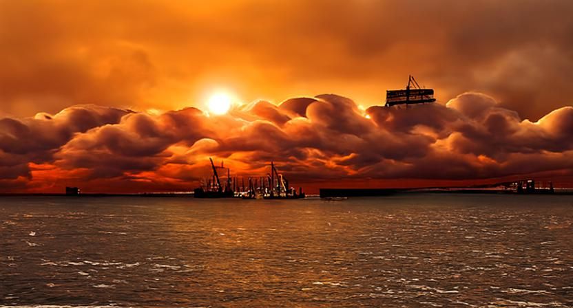 Beautiful picture of a seaport on the horizon by sundown and...