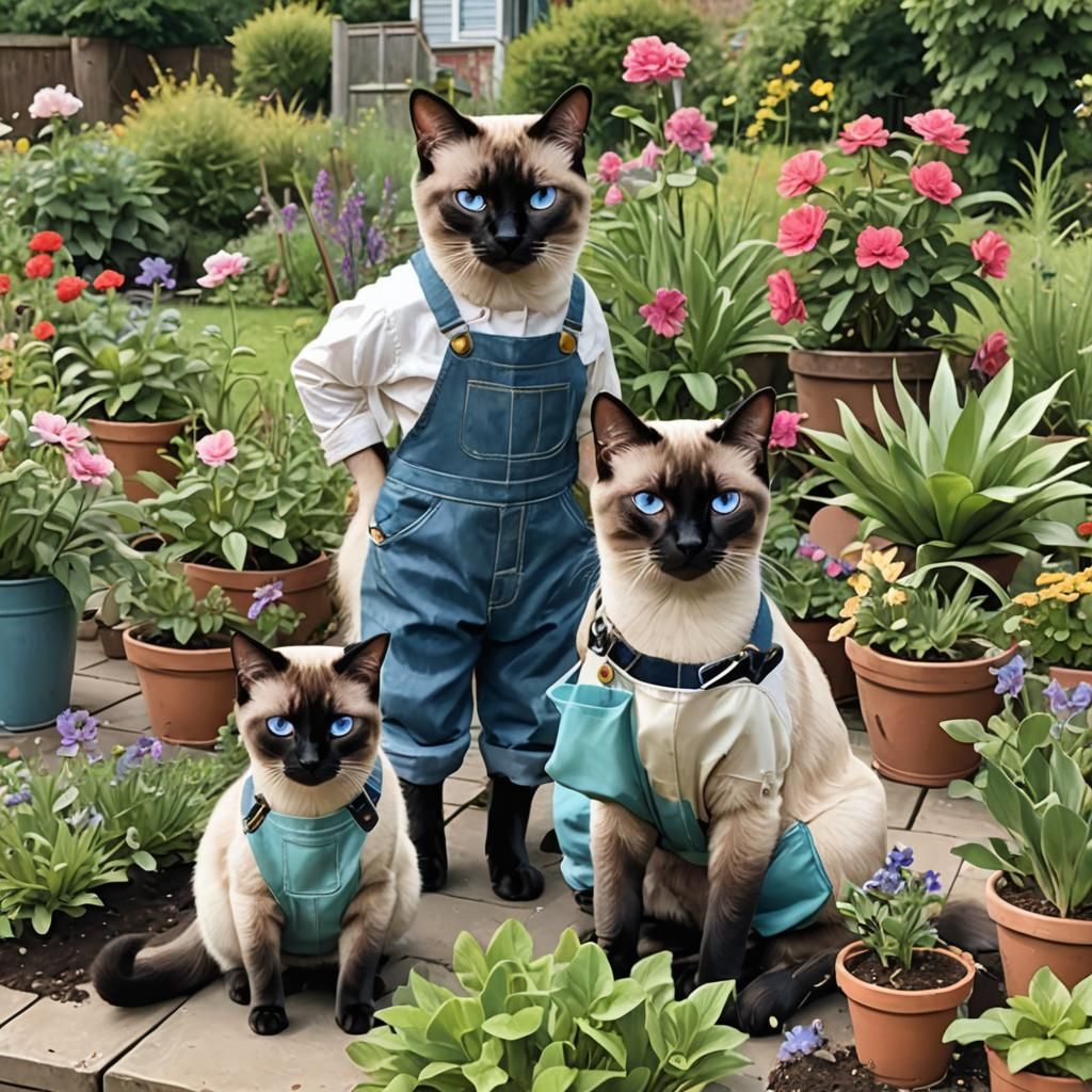 A siamese cat in Lucy and Yack overalls gardening