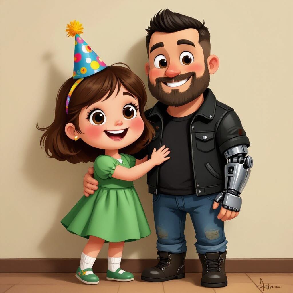 > An illustration in the animated art style of the "Ordem Paranormal" RPG series (but not horror themed). A smiling little girl with brown h...