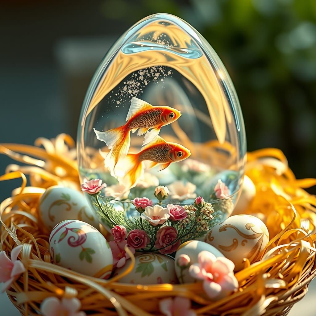 A large glass Easter egg resting in a beautifully decorated basket  by @h7sus2