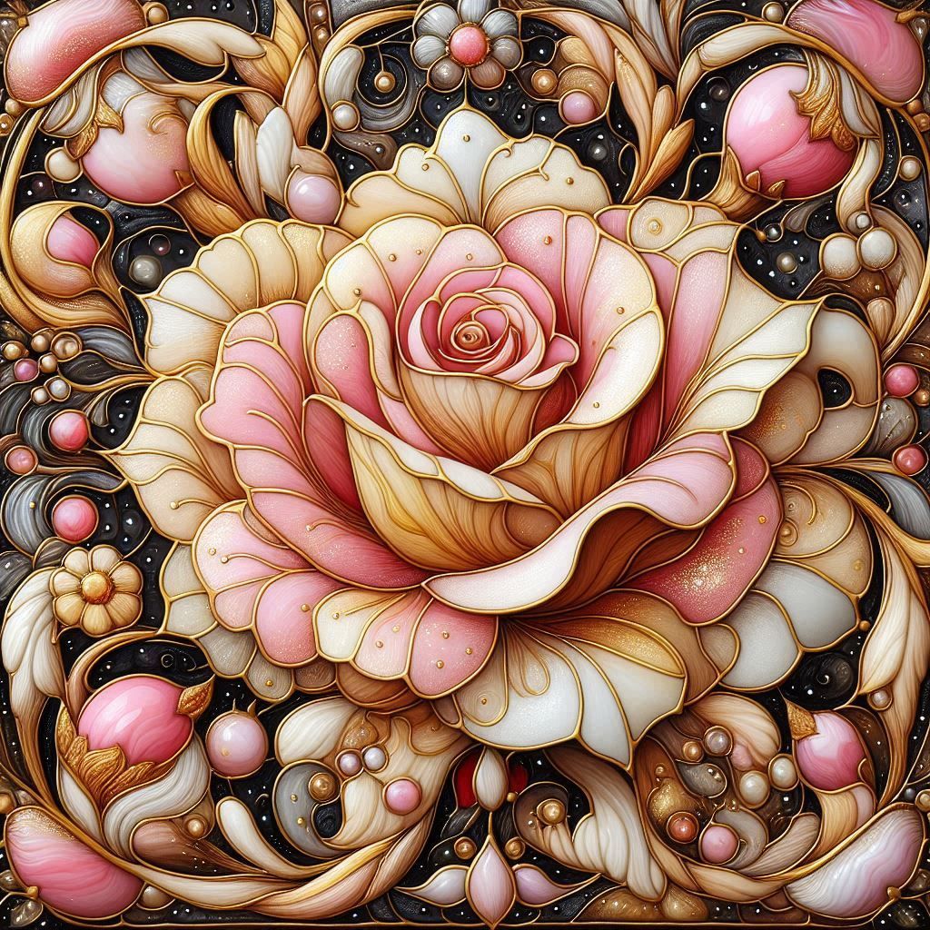 a pink rose in naive folk art and stained glass